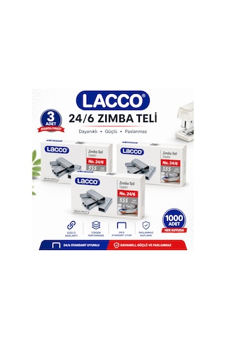 Lacco 24/6 Zımba Teli 3'lü Paket 1000'lik Dayanıklı Güçlü Paslanmaz Ofis Okul Zımba Teli