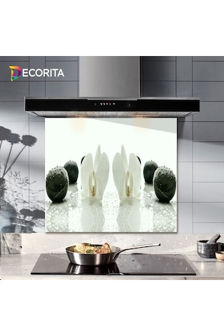 Decorıta Cam Ocak Arkası Koruyucu | Beyaz Orkide Siyah Oniks