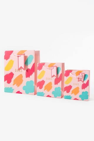 Pastel Pembe Renkli Fırça Desenli 3 Boy Karton Hediye Çantası Seti 3+