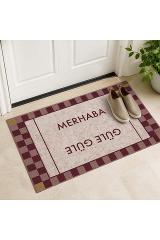 Kartela Halı Merhaba Güle Güle Damalı Kapı Paspası Bordo Kaymaz Kauçuk Taban Yıkanabilir 60x90 Cm