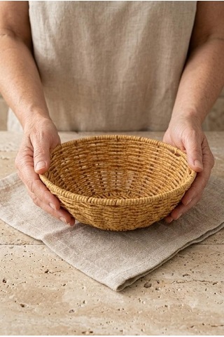 Yıkanabilir Rattan Yuvarlak Ekmek Sepeti 20.5 Cm - Metal İskeletli Hasır Banyo Ve Mutfak Sepeti Çok Renkli
