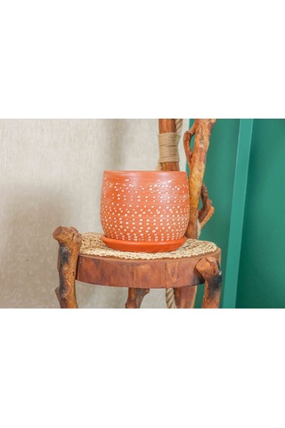 Bitki Tasarımı Ev Dekorasyon  Beyaz Nokta Desenli Doğal Tabaklı Terracota Toprak Saksı Saksılık Salon Çiçeklik 19 CM