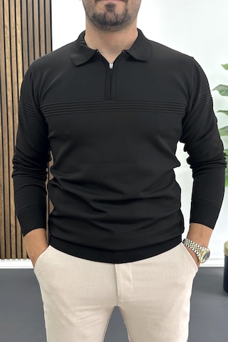 Edwox Erkek Slim Fit Çizgi Detaylı Polo Yaka Kazak Siyah Edw427 Siyah