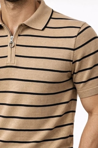 Vexor Erkek Triko Polo Yaka Fermuarlı Çizgili Tişört T-shirt Yazlık Şık - Kahverengi