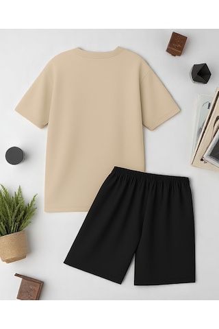 Uyguntarz Unisex Brooklyn Baskılı Tasarım Şort Takım Bej