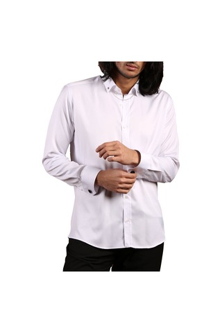 Dicotto Beyaz Düğmeli Yaka Ve Zincirli Uzun Kol Dar Kesim Micro Kumaş Kol Düğmeli Slim Fit Erkek Gömlek - 198-1 001