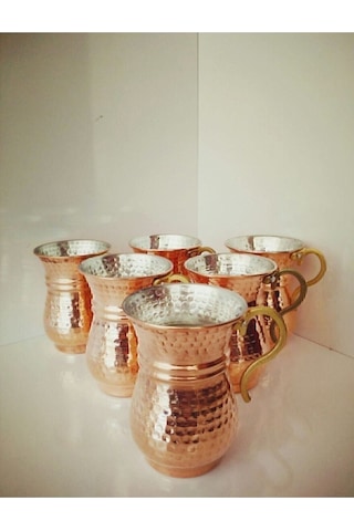 Çeyizci Çarşı 6'lı El Dövmesi Nostaljik Bakır Ayran Bardağı Bakır
