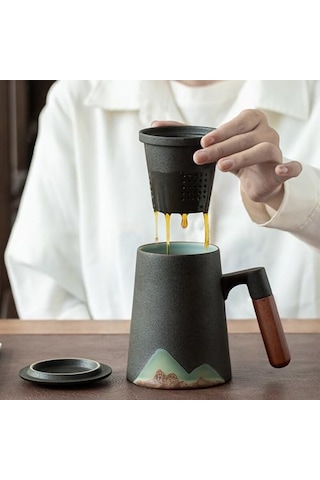 Dağ Tasarım Seramik Çay Filtre İle Seramik Kahve Fincanı Çin Çay Bardağı 400ml Kupalar Altın - Beyaz