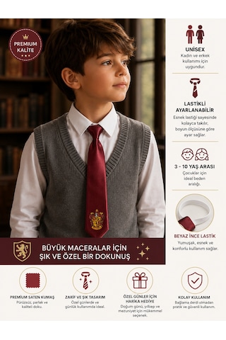 Herşeynota Harry Potter Gryffindor Kravat Bordo Renk Ayarlanabilir Lastikli 3-10 Yaş Unisex Çocuk Kravatı Açık Gri