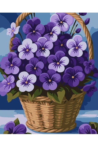 Denic Sayılarla Boyama Seti 40x50 Cm (Çıtalı) Fırça Boya Dahil Numaralı Tuval Sepet Mor Çiçekler