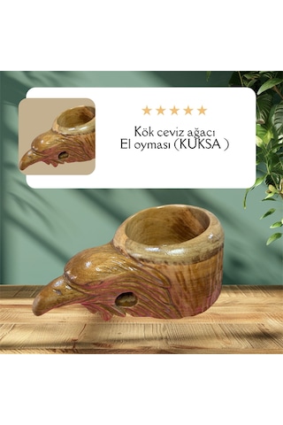 Ahşap El Oyması Kartal Figürlü Kuksa Bardak.