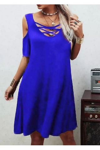 Efnaz Style Dekolteli Bağcık Detay Viskon Kumaş Elbise Saks - Mavi