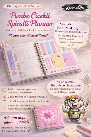 Pembe Çiçekli Spiralli Planner Defter Tarihsiz Haftalık Ve Aylık Planlayıcı, 17.5x18 Cm Diğer