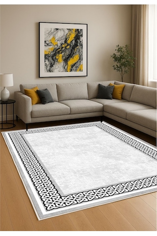 Gri Dijital Baskı Salon Halısı Kaymaz Tabanlı Yıkanabilir Halı Yolluk 531 Gri