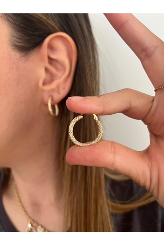 Altın Nesil - 14 Ayar Altın Kumlu Yuvarlak Küçük Küpe Altın - Beyaz Altın