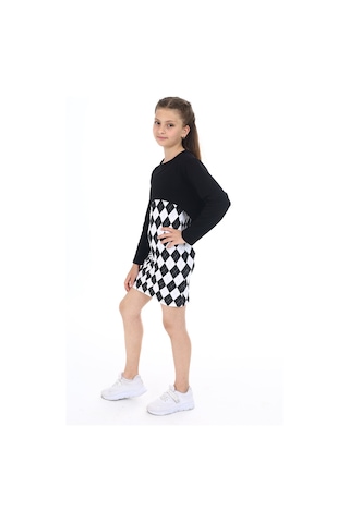 Toontoy Kız Çocuk 2'li Takım Baskılı Regular Fit Kare Yaka Askılı Elbise & Bisiklet Yaka Uzun Kollu Asimetrik Sweatshirt Siyah