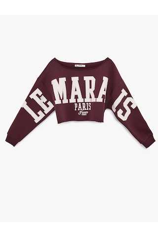 Koton Uzun Kollu Kayık Yaka Baskılı Crop Oversize Sweatshirt Bordo 6sal10246ık Bordo