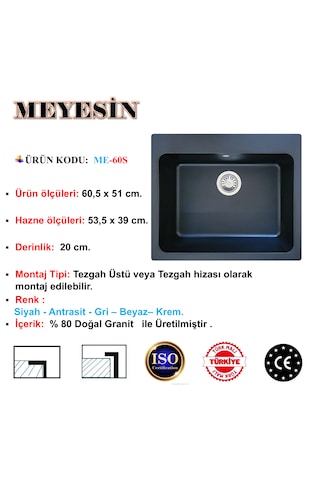 Meyesin ME-60S Granit Tek Gözlü Mutfak Evyesi Siyah 50 x 60 CM