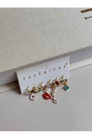 Renkli Figürlü 6 Lı Altın Renk Charm Küpe Seti Kalp, Dudak Ve Göz Detaylı Altın