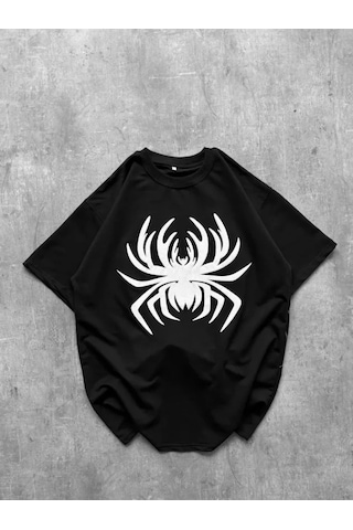Defymoda Erkek Örümcek Baskılı Tişört Kısa Kollu Bisiklet Yaka T-shirt - Siyah
