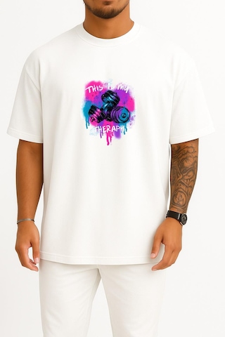 Bahriyeli Collection Oversize Bu Benim Terapim Dumbell Fitness Gym Göğüs Baskılı Unisex T-shirt Beyaz
