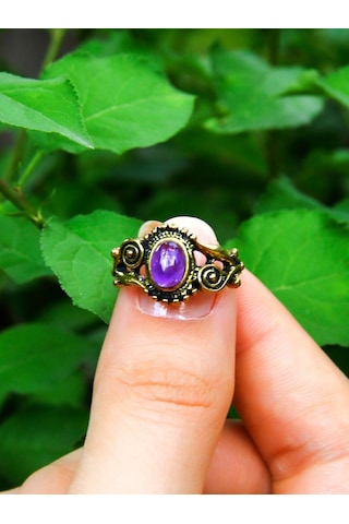 Doğal Taş Ametist Doğal Taşlı Antik İşlemeli Ayarlanabilir Kadın Yüzük Euy36at Mor