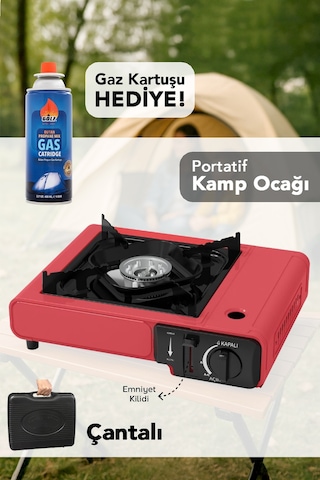 Portatif Kamp Ocağı - Taşıma Çantalı Gazlı Stop Emniyetli Kırmızı Kamp Ocağı Ve 1 Adet 227 Gr Kartuş Kırmızı