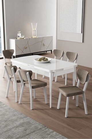Canisa Exve Serisi 80x132 Açılabilir Beyaz Masa Takımı Ve 6 Cappucino Sandalye Masa Beyaz Sandalyeler Cappucıno