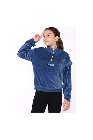 Toontoy Kız Çocuk Fermuar Detaylı Nakışlı Kadife Sweatshirt Lacivert