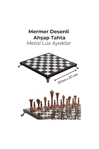Mc74 Metal Satranç Takımı - Mermer Desenli 30x30cm Ahşap Tahta - Büyük Boy Taş - Lüks Hediyelik