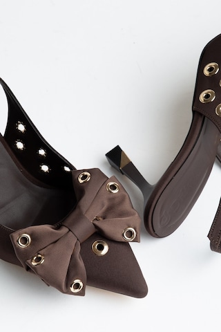Kadın İnce Topuklu Stiletto Kahverengi Saten Fiyonklu-4690 Kahve Cilt