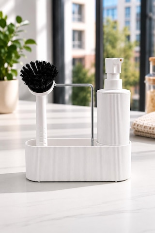 Mutfak Lavabo Düzenleyici Sıvı Sabunluk Ve Fırça Seti Beyaz Organizer