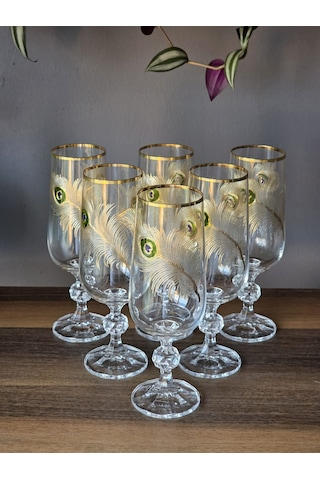 Fermato 6 'lı 24k El İşçiliği - Gerçek Altın İşlemeli 180 Cc'lik Kahve Yanı Kristal Bardak Peacock Gold Çok Renkli