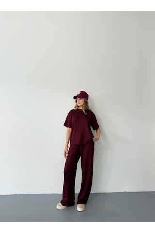 Kadın Modal Kısa Kolu Soft Touch Spor Takım Bordo