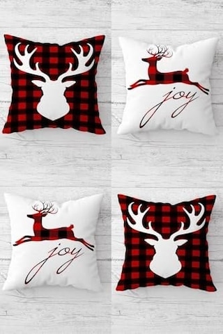 Yılbaşı Christmas Geyik Desen Gizli Fermuarlı Kırlent Kılıfı Koltuk Yastık Kılıfı Takım 4adet , Kırmızı-beyaz-siyah 45 X 45 Açık Indigo