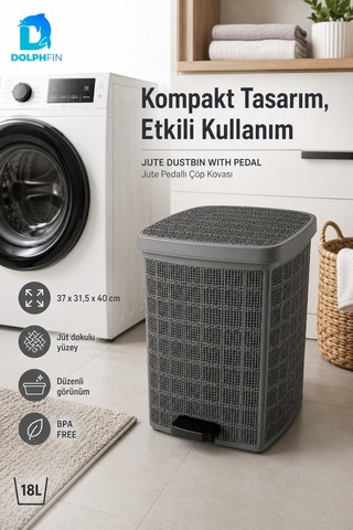 Jute Pedallı Çöp Kovası Kapaklı Büyük Boy Plastik Banyo Mutfak Ofis Atık Kovası 37x31,5x40 Cm Siyah