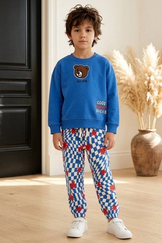 Mamy Kids Erkek Çocuk Ayıcık Baskılı Sweat Ve Damalı Eşofman Takım Mavi