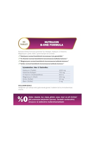 Nutraxin Bone Formula Calcium Magnesium + Collagen 90 Tablet: Tip I Kolajen, Kalsiyum, D Vitamini, Magnezyum, Çinko & Bakır İçeren Takviye