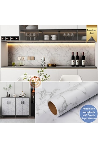Technosmart 60x100cm Mat Mermer Desenli Kendinden Yapışkanlı Duvar Kağıdı Kaplama Mutfak Masa Folyo Beyaz