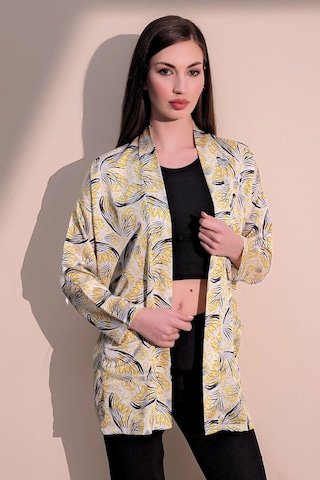 Kadın Sarı Safari Desen Yeni Moda Saten Çift Cepli Salaş Kimono Ceket - Tesettüre Uygun Sarı