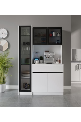 Moon Midi Sol Vitrinli Kahve Köşesi Komple Mdf Led Mutfak Dolabı Beyaz