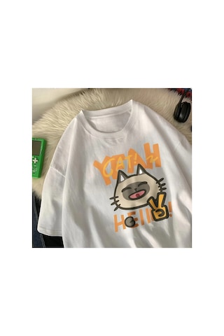 Tarzsokak Beyaz Merhaba Küçük Kedi Deyin An Karikatür Baskı Üstleri O-boyun Yumuşak Kısa Kol