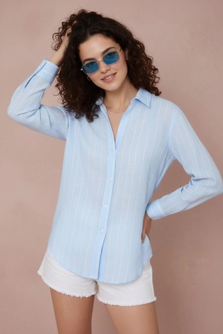 Rovebella Capri Çizgili Oversize Keten Gömlek Mavi