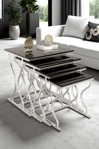 Limbo 4'lü Kare Zigon Sehpa Seti Gold Ayak, Krem Mdf Siyah-krom