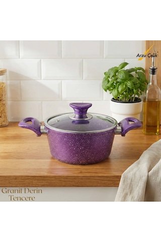 18 Cm Granit Derin Tencere Cam Kapak - Violet Violet