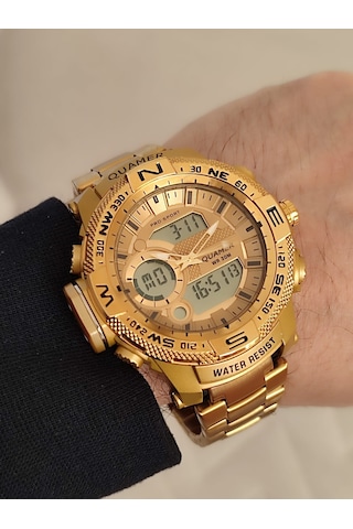 Quamer Erkek Kol Saati Analog Ve Digital Metal Sarı Kordonlu 2177 Sarı