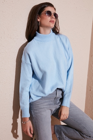 Lela Premium Oversize Fit Balıkçı Yaka Yumuşak Dokulu Triko Bayan Kazak 680Kz00469 Bebe Mavi