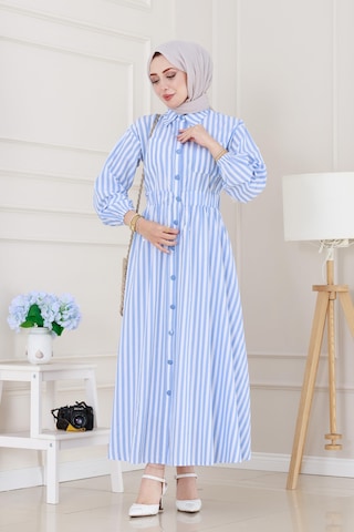Sevitli Çizgili Cepli Tesettür Elbise-mavi-5137 Mavi