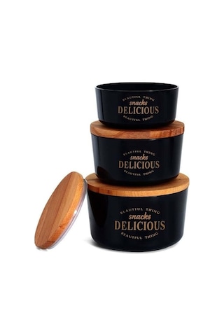 3 Lü Kapaklı Retro Dizayn Saklama Kabı Seti, Bambu Kapaklı, Mika Erzak Saklama Kabı, Bpa, Silikon Contalı Saklama Kutusu Siyah
