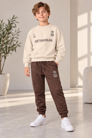 Uğur Bebe Erkek Çocuk Bej Sweatshirt Kahverengi Eşofman Altı Alt Üst Takım İpli Bel Lastikli, Cepli, Rahat Kalıp, Günlük Spor Giyim Yumuşacık Traşlı Penye Bej Kahverengi Bej Kahverengi